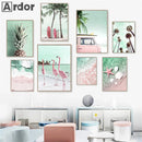 Beach Flamingo Canvas Wall Art by Axyaa - Sea Wave Starfish Shell, Palm Tree, Pineapple