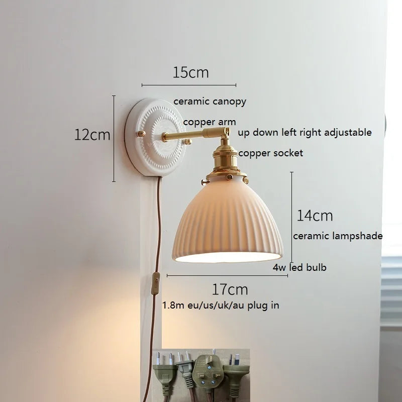 Axyaa Ceramic LED Wall Sconce with Adjustable Copper Arm - Pull Chain Switch