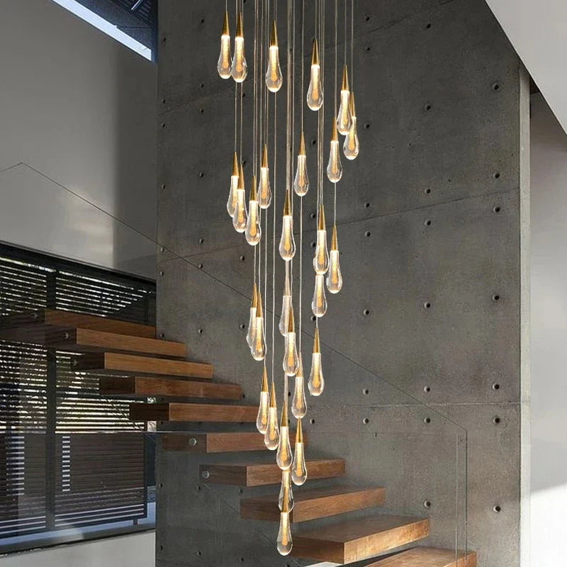 Axyaa Water Drop LED Chandelier for Revolving Stair Lighting in Luxury Villa