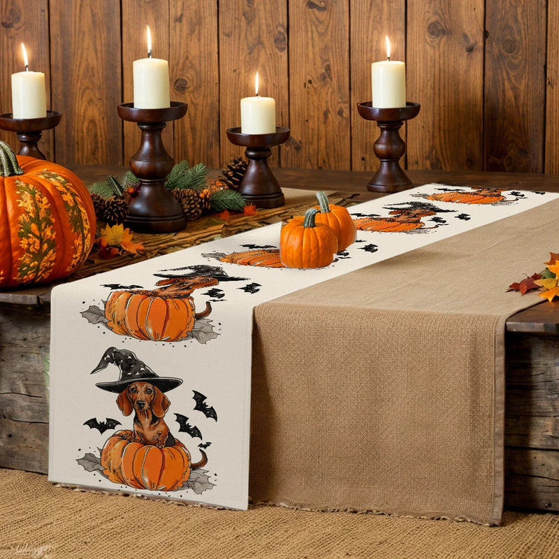 Axyaa Halloween Dog Pumpkin Head Table Runner for Farmhouse Dining