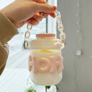 Axyaa Transparent Glass Water Bottle with Pearl Bracelet & Straw - 400ML