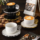 Axyaa Ceramic Embossed Coffee Cup and Saucer Set - Black White Latte Mug for Exquisite Tea