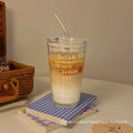Axyaa Cute Korean Glass Water Bottle 480ml Straw Lid Coffee Milk Juice Cup