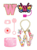 Axyaa Cup Set: Initials Silicone Straw Cap Boot Handle Sticker Charm