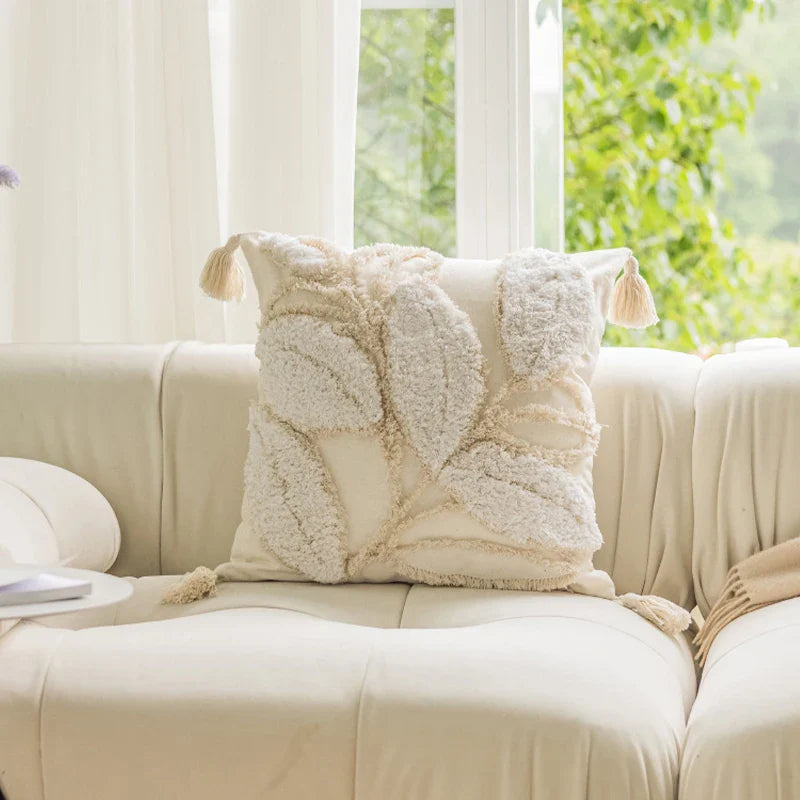 Axyaa Leaves Tufted Cushion Cover - Mori Style Home Decor Pillowcase