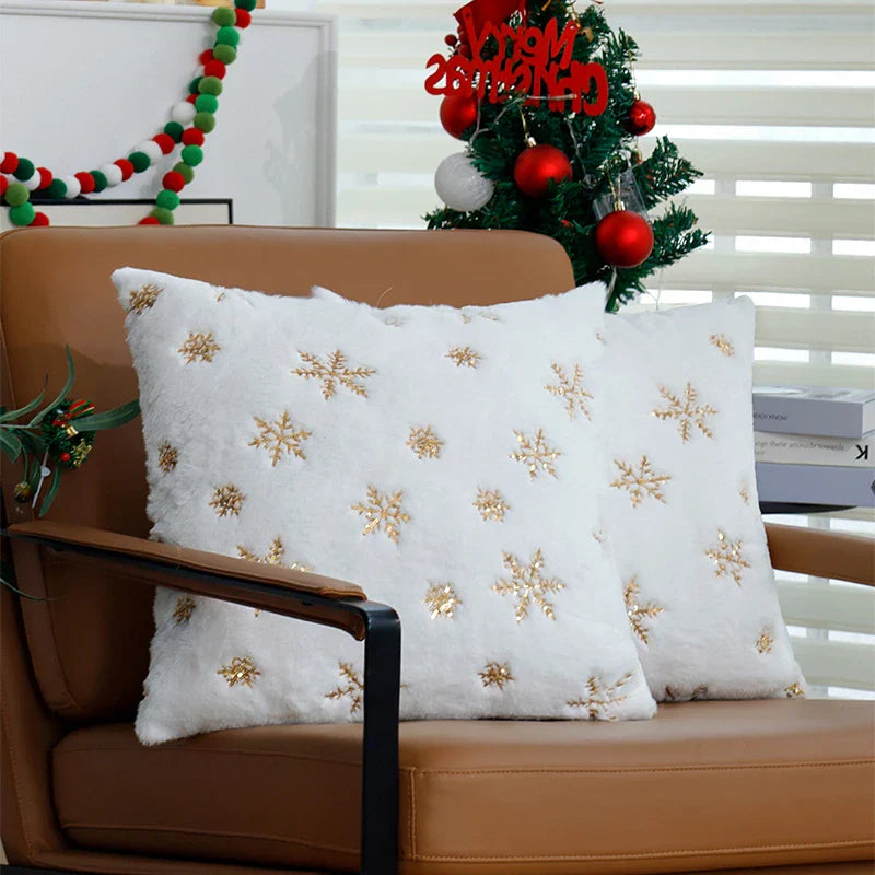 White Gold Snowflake Cushion Cover 45x45cm - Axyaa Home Decor - Christmas Theme