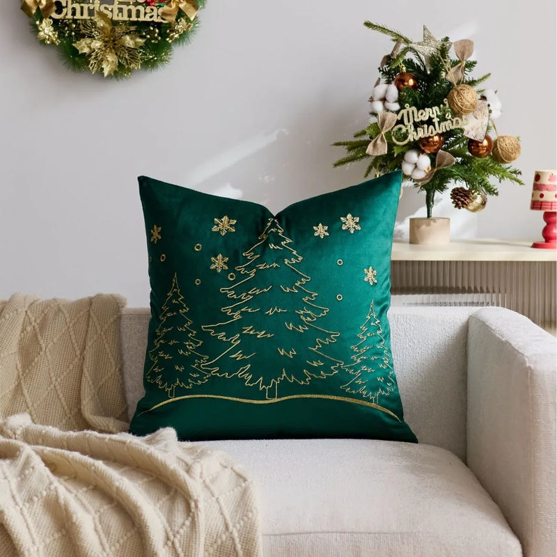 Axyaa Christmas Tree Pillow Cover - Silver Gold Snowflake Velvet - Home Decoration - 45x45cm