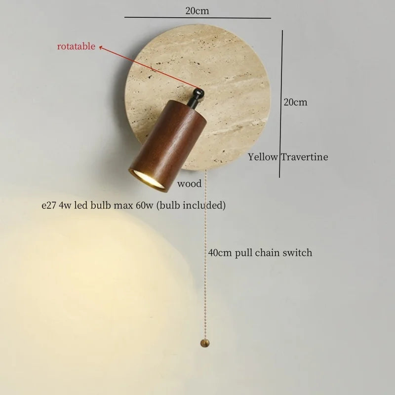 Axyaa White Glass LED Wall Lamps Pull Chain Yellow Travertine Modern Nordic Light