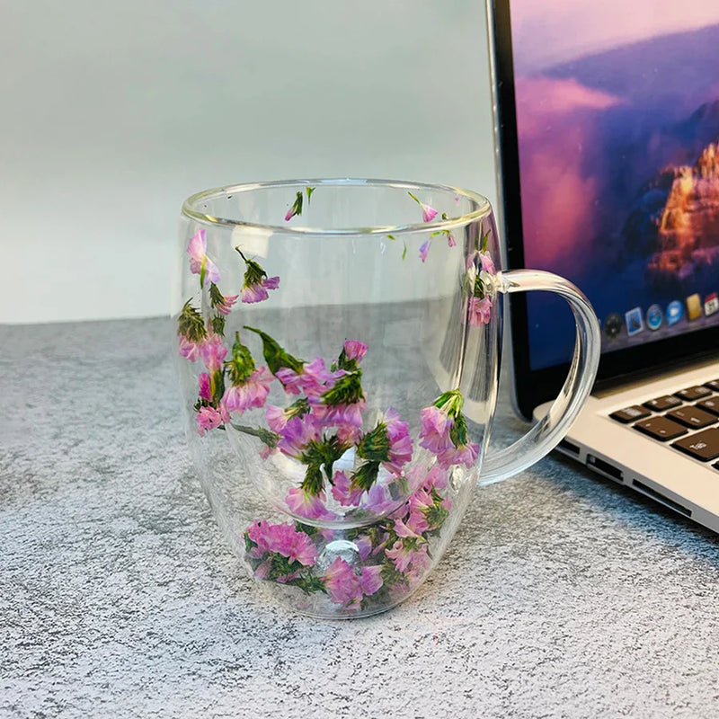 Axya Double Wall Glass Coffee Mugs 350ml Elegant Flower Design