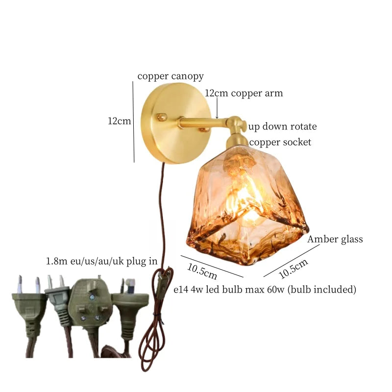Axyaa Glass LED Wall Sconce Light Pull Chain Copper Applique Murale