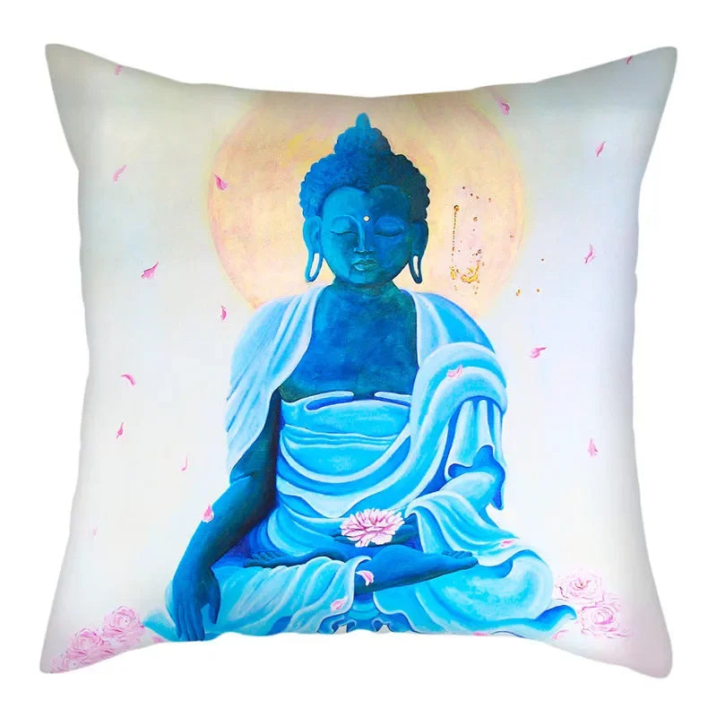 Axyaa Buddha Statue Polyester Cushion Cover for Home Sofa Decor