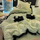 Axyaa Green Stripe Black Cat Embroidery Cotton Duvet Cover Set