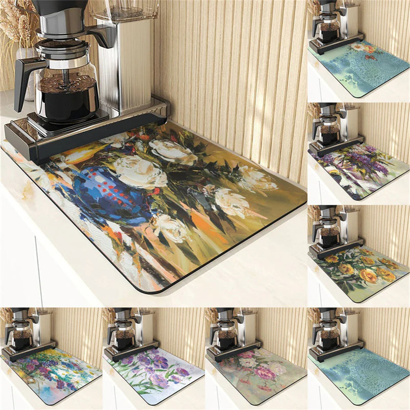Axyaa Silicone Drainer Mat: Plant Style, Non-Slip, Absorbent Kitchen Drying Mat