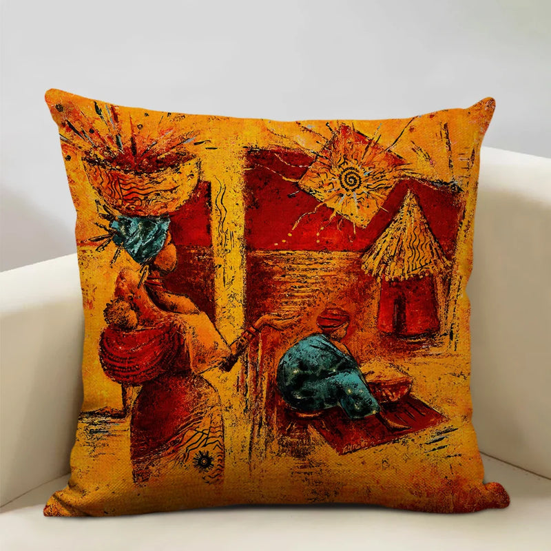 Axyaa African National Style Oil Painting Cushion Cover for Living Room Sofa Art