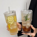 Axyaa Stripe Glass Coffee Cup With Lid and Straw - Transparent Drinkware for Refreshing Beverages