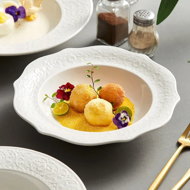 Axya White Embossed Plate Set for Elegant Dining and Desserts