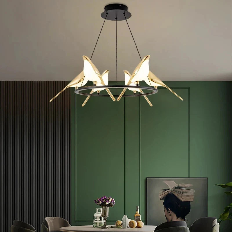 Axyaa Modern Gold Magpie LED Ceiling Chandelier, Dining Room Ring Light Pendant Lamp Decor