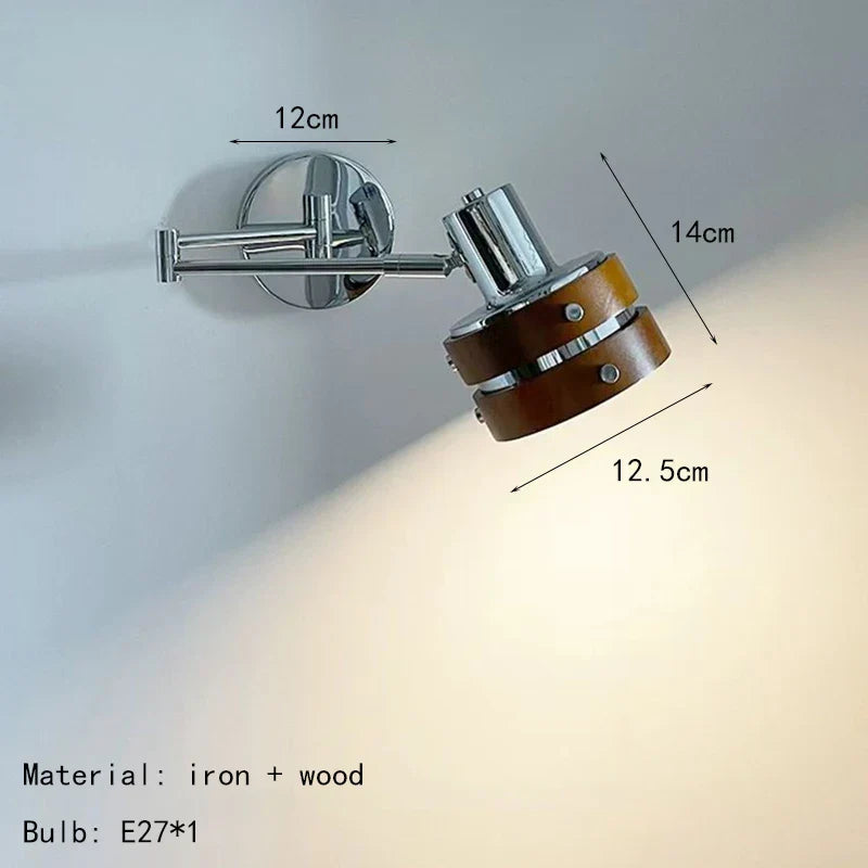Axyaa Chrome & Wood Long Arm Wall Sconce - E27 Bulb - Ideal for Reading, Study, Bedroom, Office