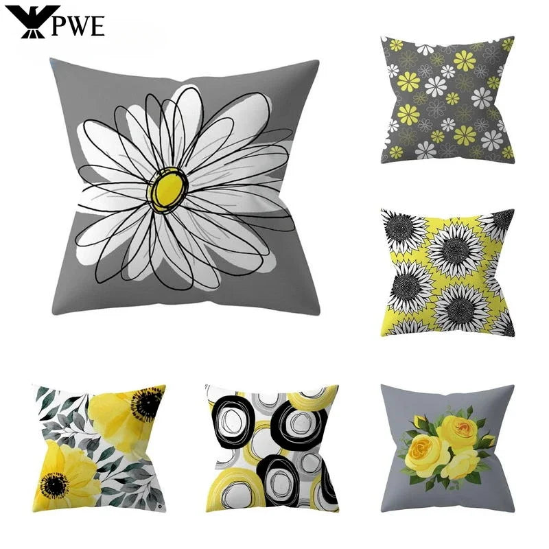 Axyaa Yellow Floral Geometric Cushion Cover 45x45cm
