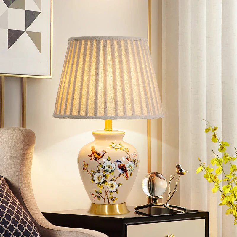Axyaa Retro Flower Bird Ceramic Table Lamp Bedroom Living Room Study New Chinese Style