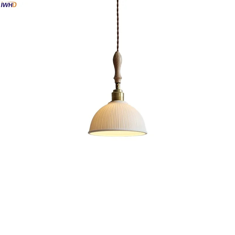 Axyaa Ceramic Pendant Light Wood White LED Lamp for Living Room & Cafe