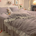 Axyaa Pink Grey Ruffled Seersucker Duvet Set with Bed Skirt & Pillowcases