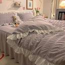 Axyaa Pink Grey Ruffled Seersucker Duvet Set with Bed Skirt & Pillowcases
