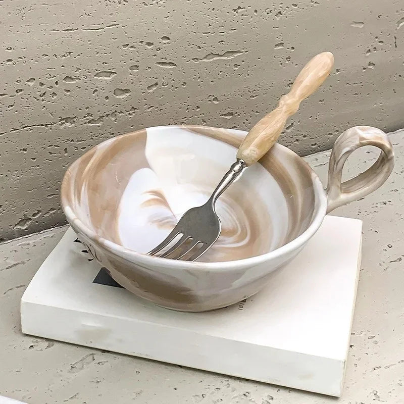 Axyaa Ceramic Marble Fruit Salad Dessert Bowl - Retro Yogurt Large Tableware