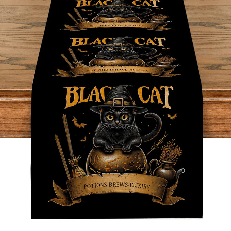 Axyaa Black Cat Broom Jar Hat Table Runner Halloween Decor