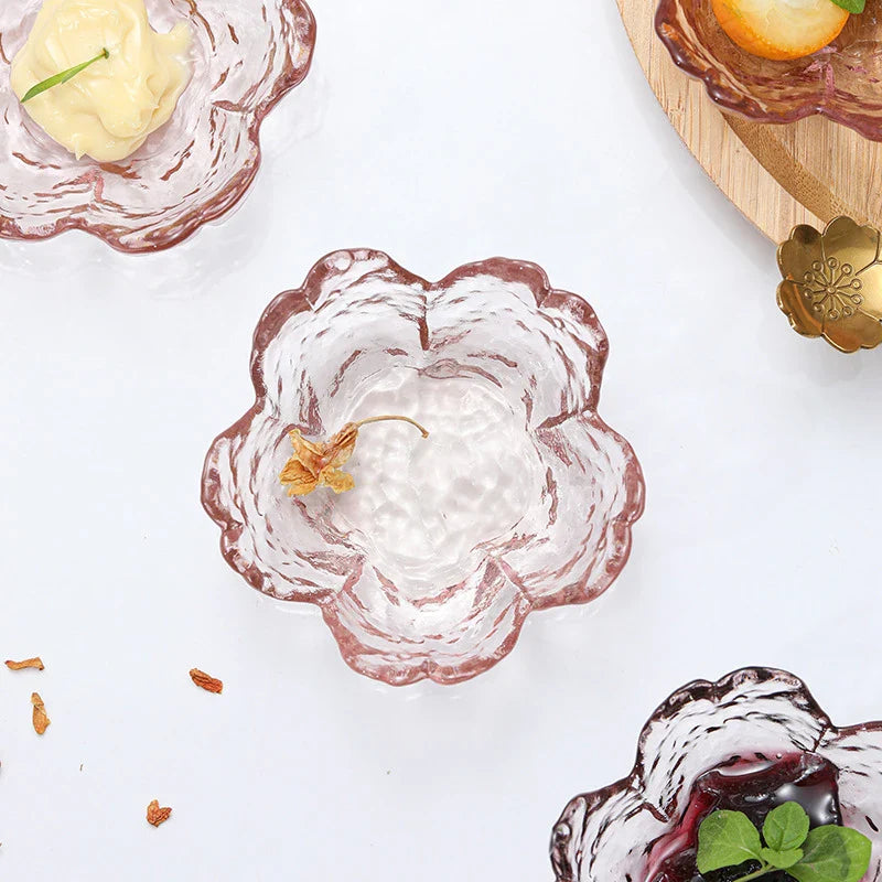 Mini Sakura Bowl Set - Set of 2 Glass Plates with Gold Border for Desserts