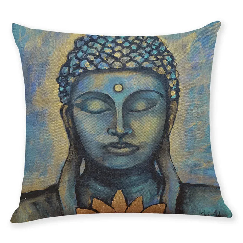 Axyaa Buddha Statue Print Linen Cushion Cover 45X45CM