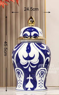 Axyaa Blue White Porcelain Jar Gold Edged Ceramic Vase Dried Flower Arrangement