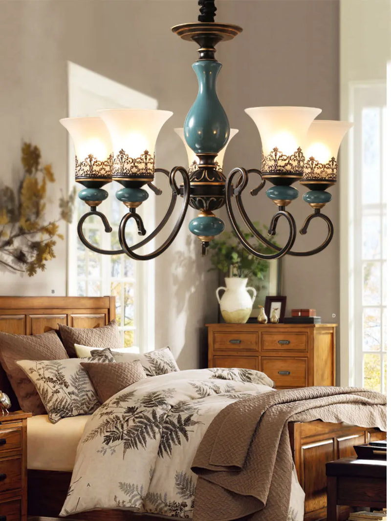 Axyaa Retro Ceramic Chandelier with Glass Lampshade for Home Décor