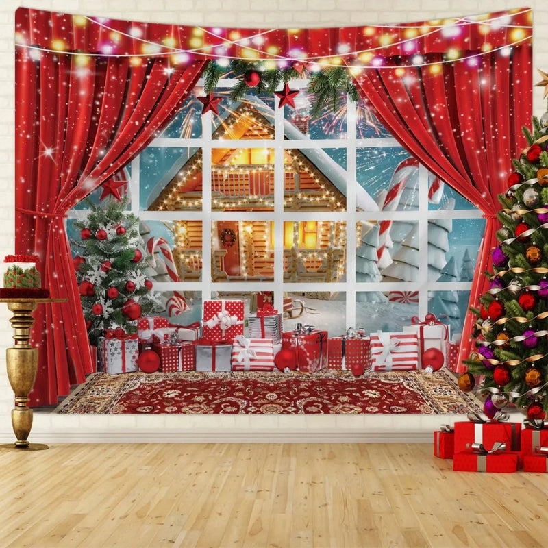 Axyaa Christmas Scene Tapestry: Window Snow, Tree, Santa Photography Background