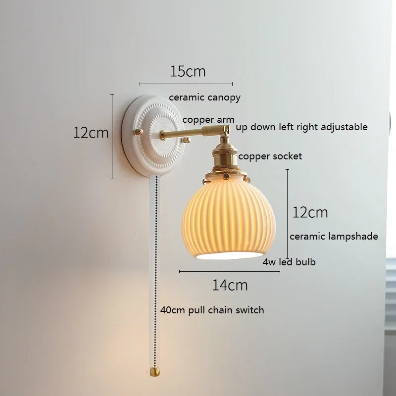 Axyaa Ceramic LED Wall Sconce with Adjustable Copper Arm - Pull Chain Switch
