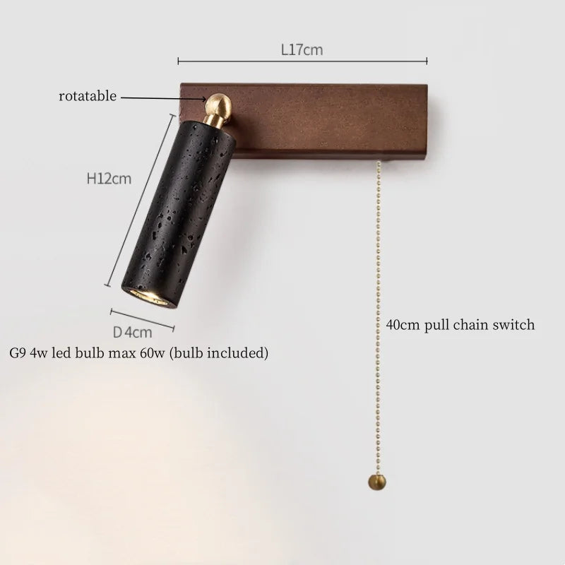 Axyaa Modern LED Wall Sconce Pull Chain Switch Reading Lamp Black Travertine