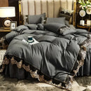 Luxury European Embroidery Four Piece Set by Axyaa - Polished Solid Color & Lace Bed Skirt