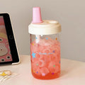 Axyaa 500ML Glass Water Bottle with Straw - Cute Juice Milk Tea Cup for Girls