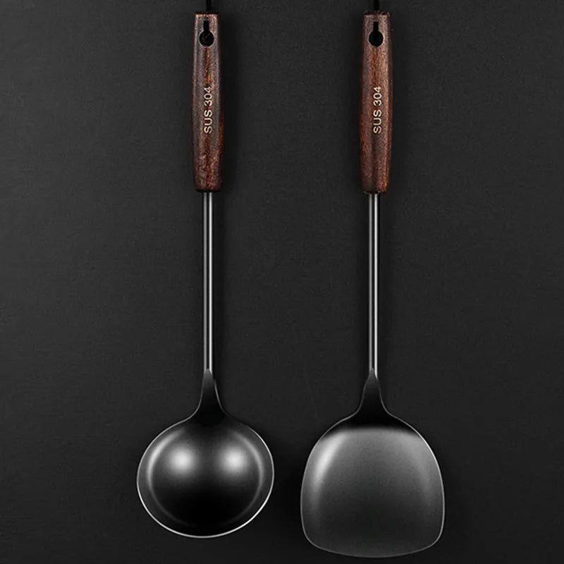 Axyaa 304 Stainless Steel Utensils Set with Wooden Handle - Black Color
