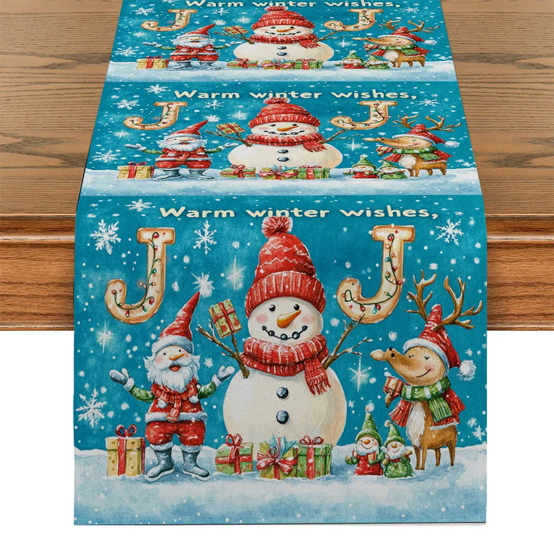 Holiday Table Runner Set by Axyaa: Festive Snowman Deer Dwarf Decor for Kitchen Party