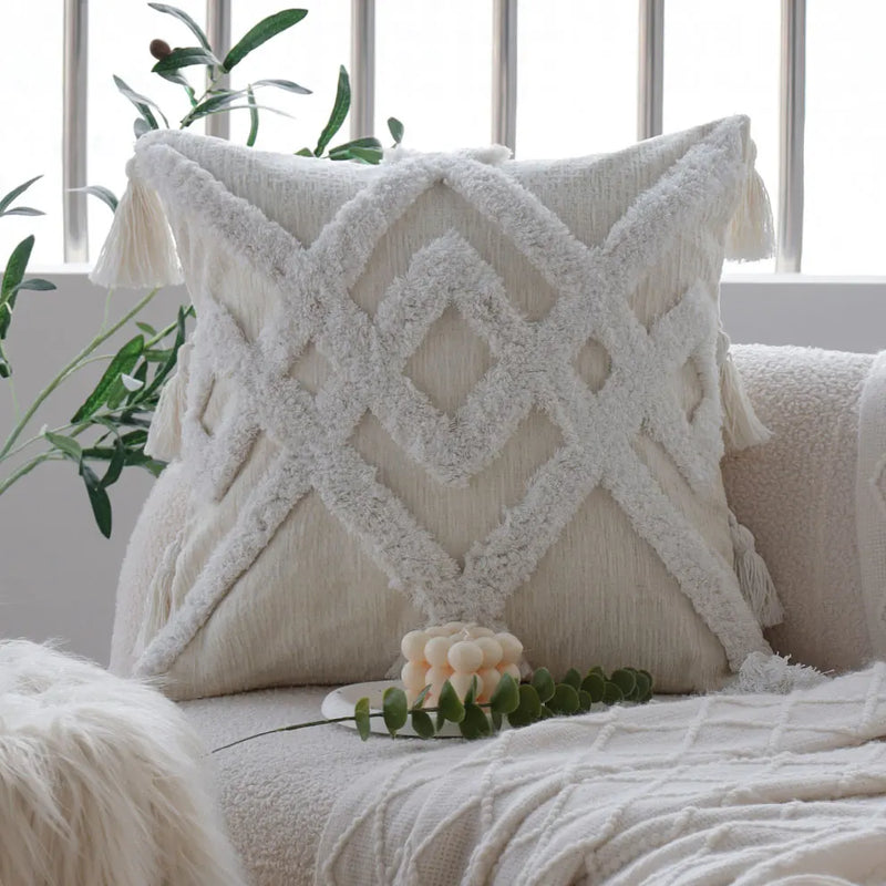 Axyaa White Tufted Tassel Cushion Cover - Mori Style Home Decor Pillowcase
