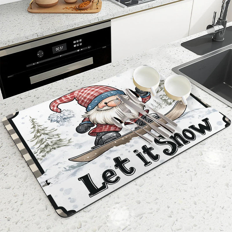 Axyaa Christmas Dwarf Kitchen Drying Mat - Quick Dry Dish Draining Mat