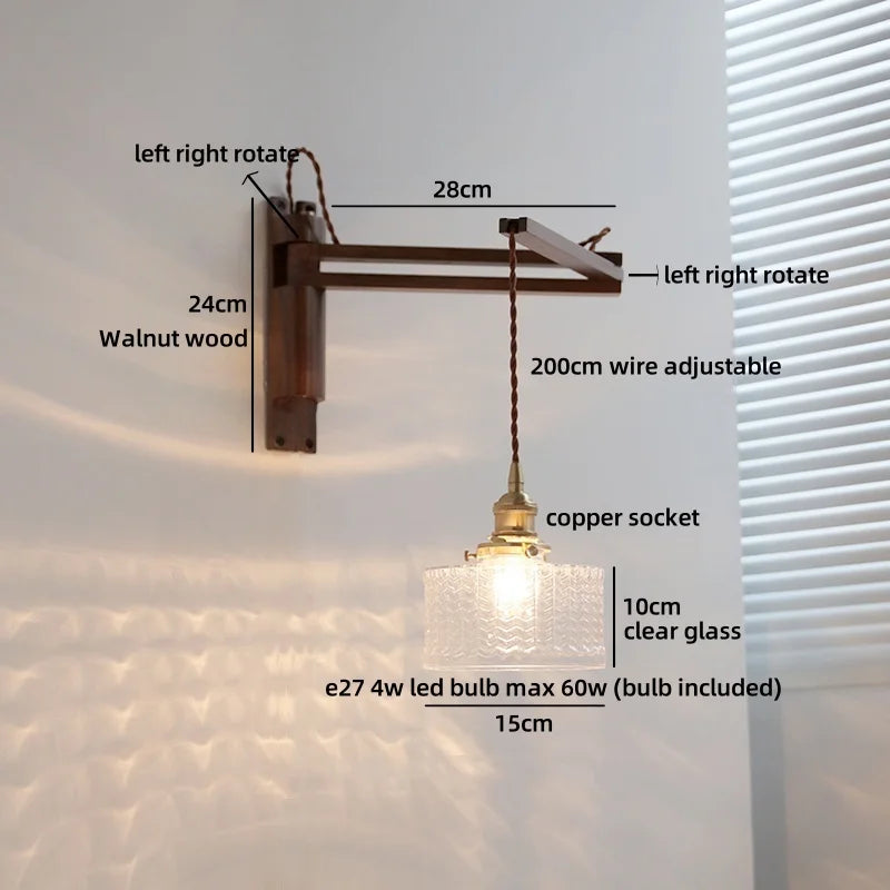 Axyaa Clear Glass LED Wall Sconce with Arm, Black Walnut Wood Stair Light