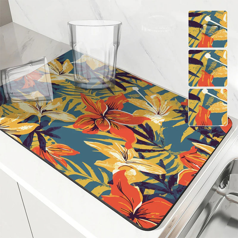 Axyaa Kitchen Drying Mat Plants Flowers Absorbent Dish Placemat