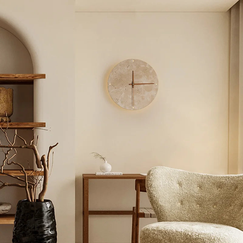 Axyaa Round Natural Stone Clock Wall Lamp, LED Sconce for Home Decor
