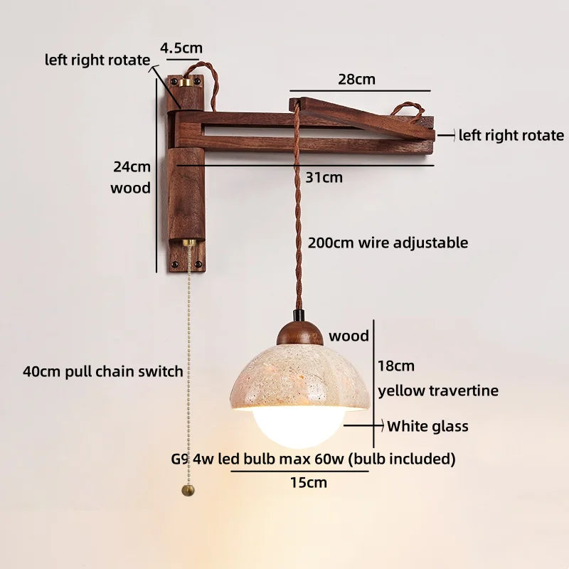 Axyaa Nordic LED Wall Sconce Yellow Travertine Stone Wood Handle Stair Light