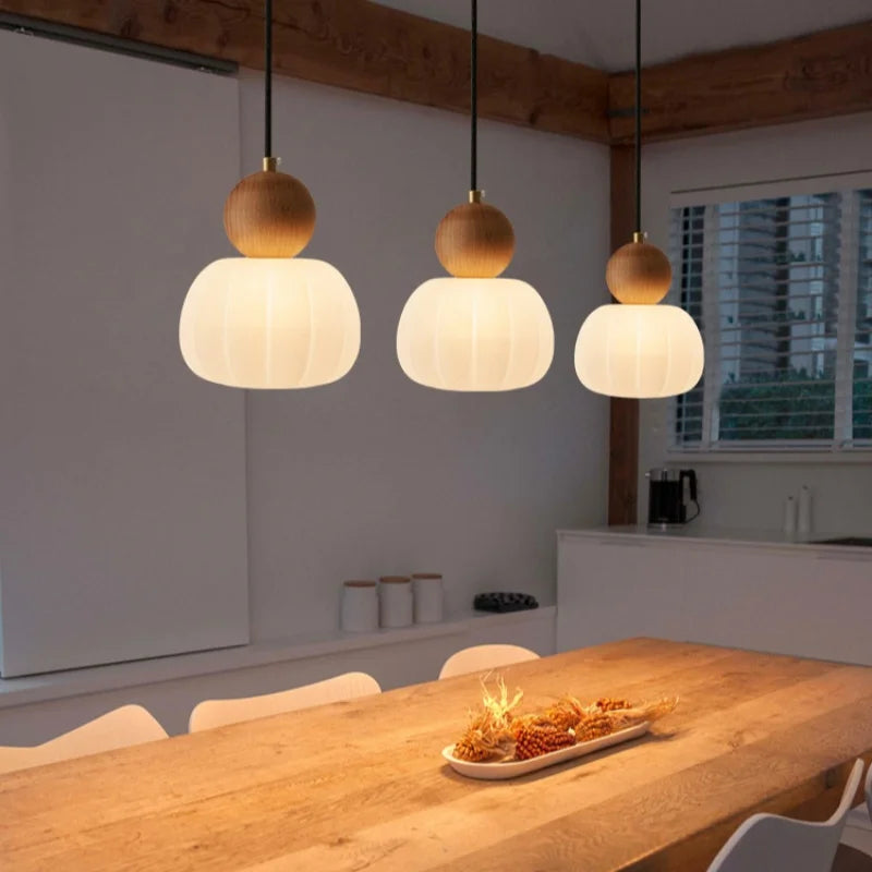 Axyaa Nordic LED Pendant Chandelier with White Lampshade and Wood Finish