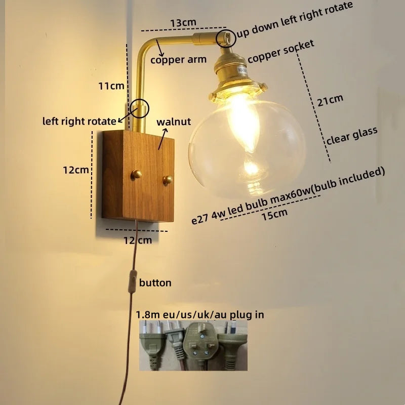 Axyaa Glass Copper LED Wall Lights Modern Bedside Lamp for Home Decor