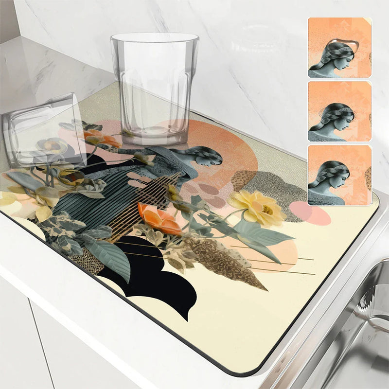 Axyaa Geometric Abstract Draining Mat: Absorbent, Anti-slip, Quick Dry Kitchen & Bathroom Pad