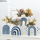 Axyaa Blue & White Stripes Ceramic Vase with Artificial Flowers for Aesthetic Room Decor